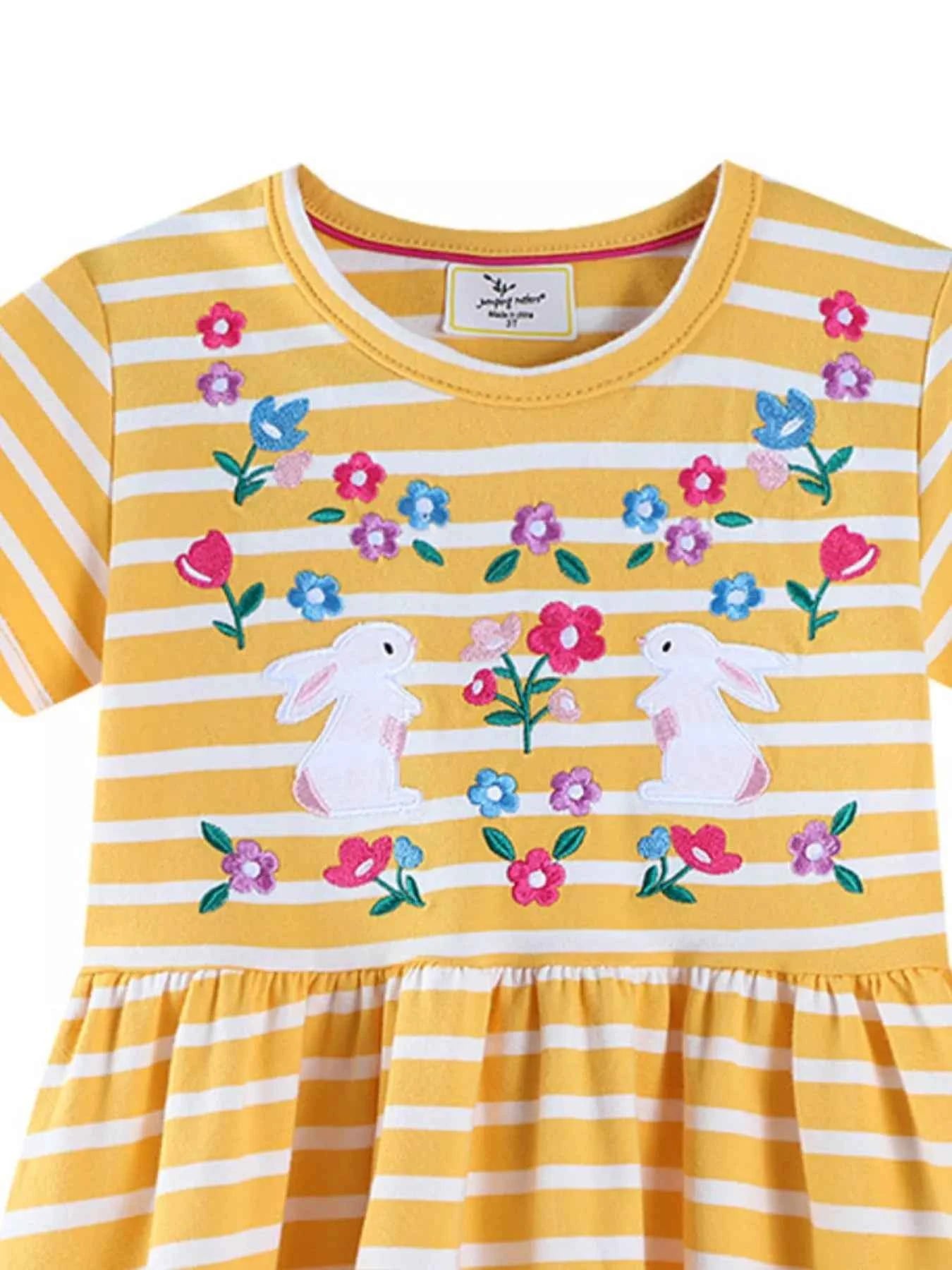 Children's Striped Bunny Embroidered Round Neck Dress