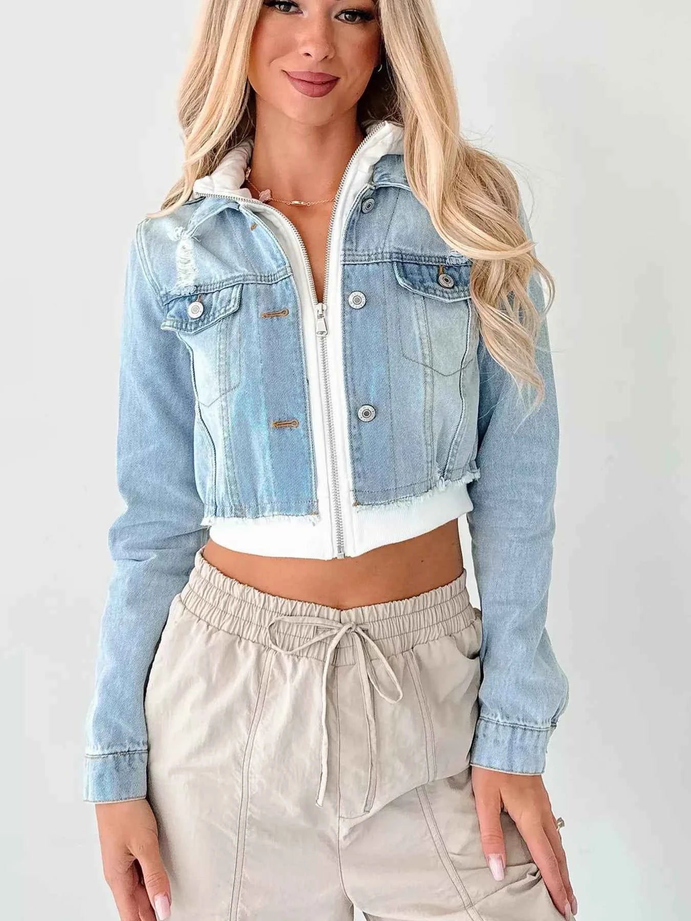 Distressed Zip Up Cropped Hooded Denim Jacket