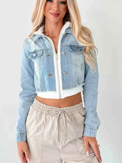 Distressed Zip Up Cropped Hooded Denim Jacket