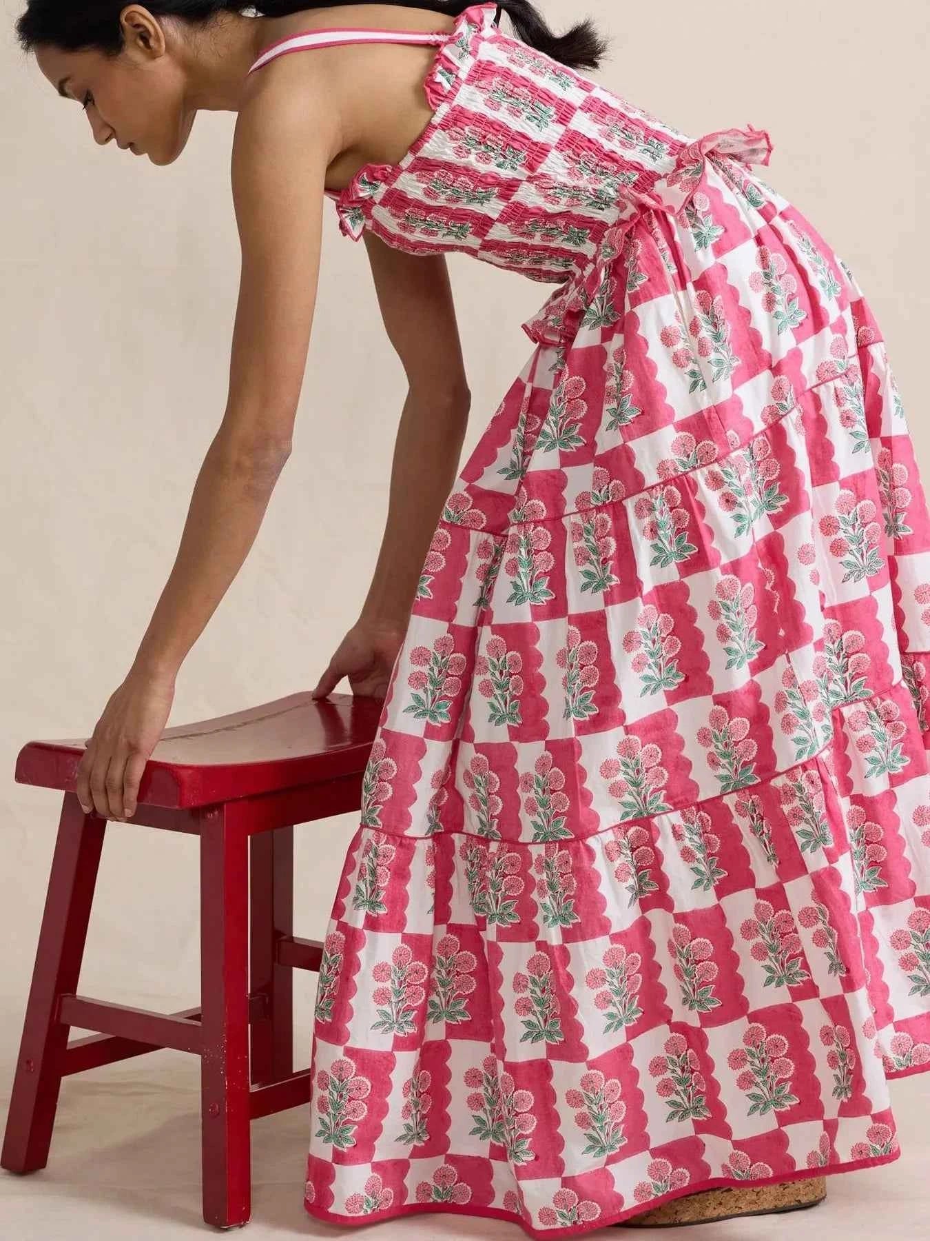 Bohemian Floral Print Smocked Tiered Maxi Dress