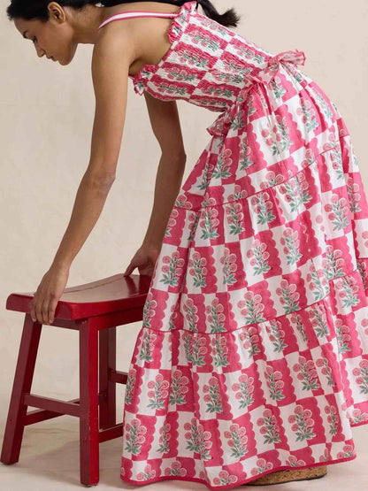 Bohemian Floral Print Smocked Tiered Maxi Dress