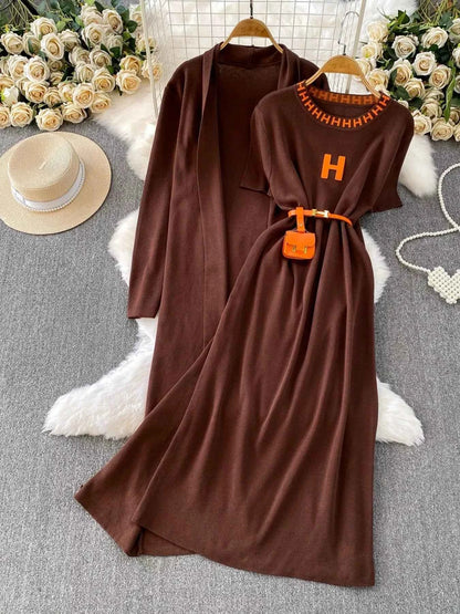 Round Neck Knitted Dress & Cardigan Set