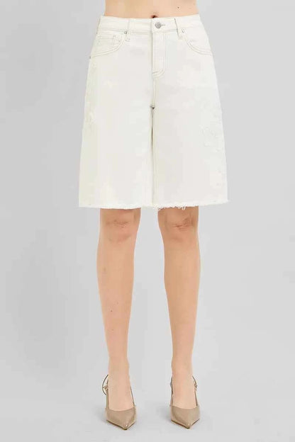 RISEN Slouchy Relaxed Floral Embroidered Bermuda Denim Shorts