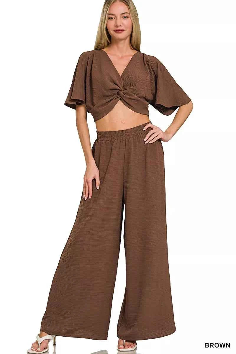 Zenana Woven Airflow Twisted Top & Wide Leg Pants Set