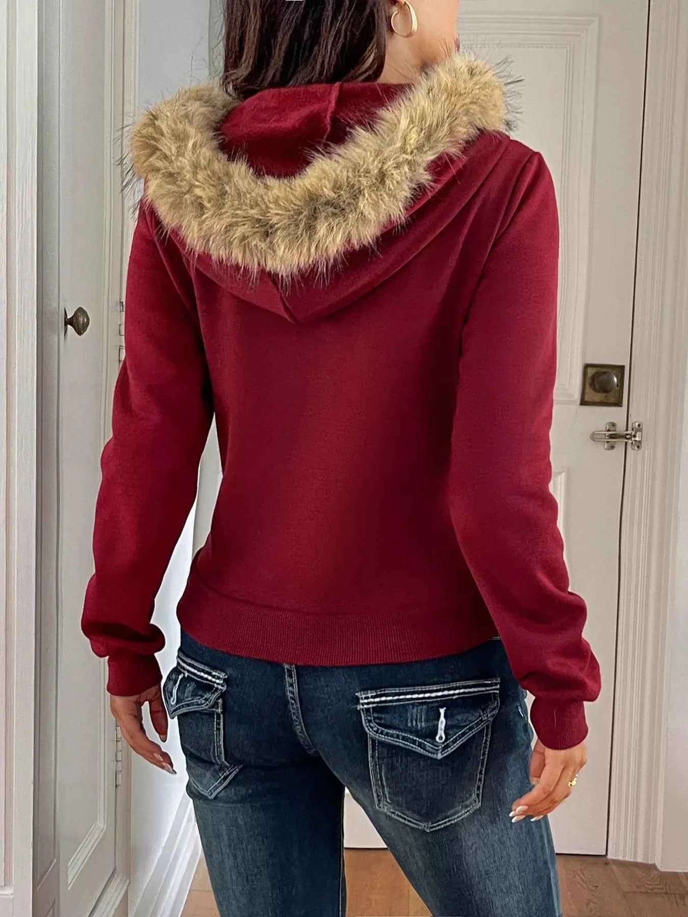 Fur Hooded Zip-Up Jacket