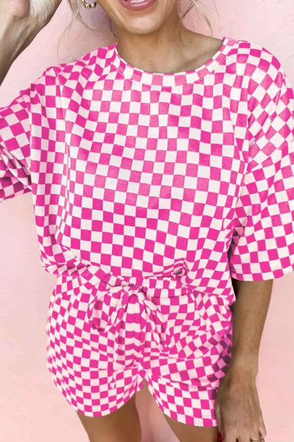 Checkered Round Neck Top and Shorts Two-Piece Set