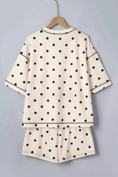 Exposed Seam Detail Polka Dot Loose Tee Drawstring Shorts Set