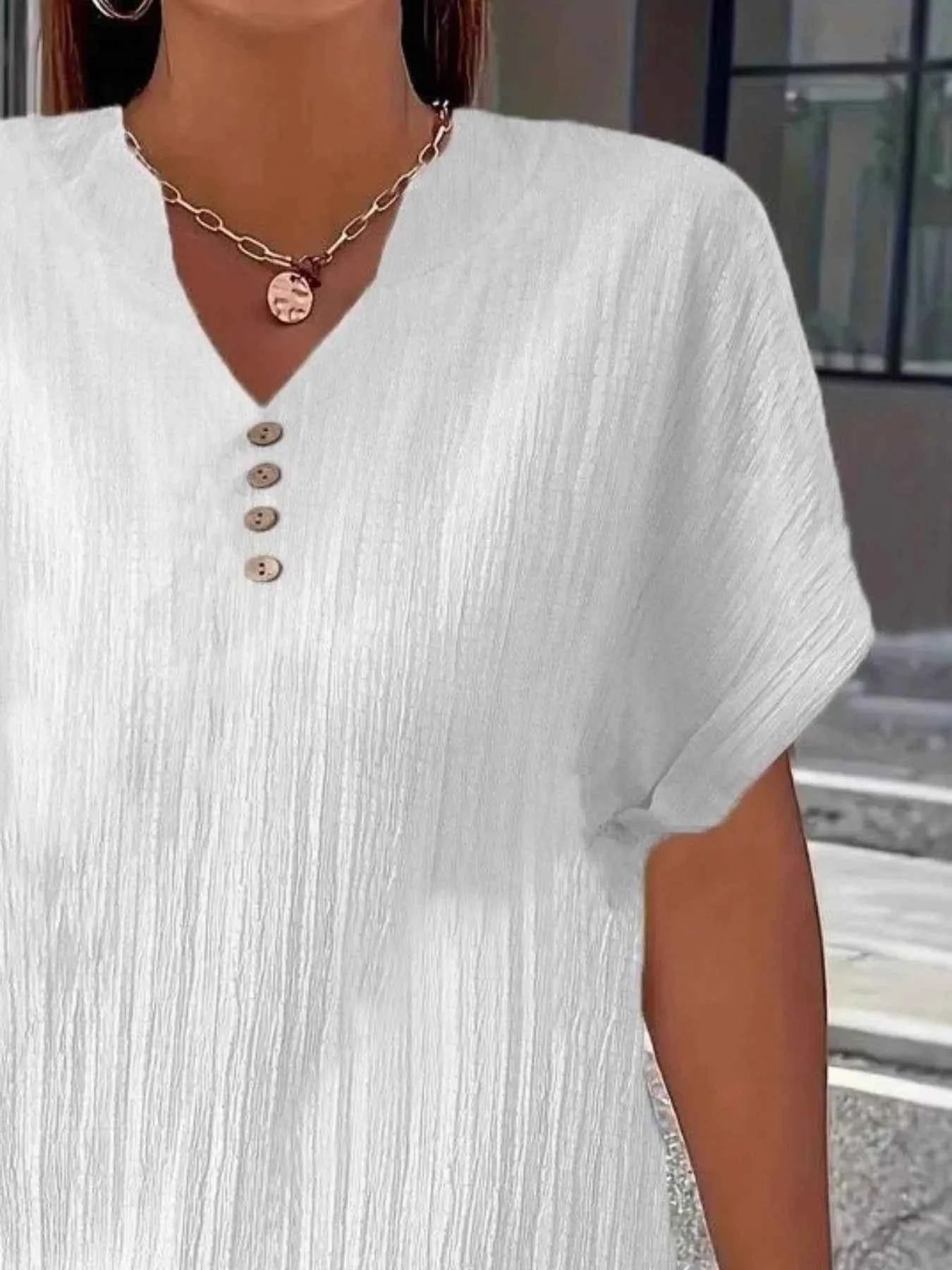 Plus Size Notched Short Sleeve Textured Top