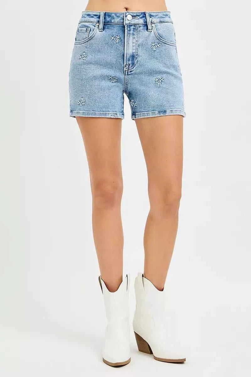 RISEN High Rise Denim Shorts with Embroidered Detail