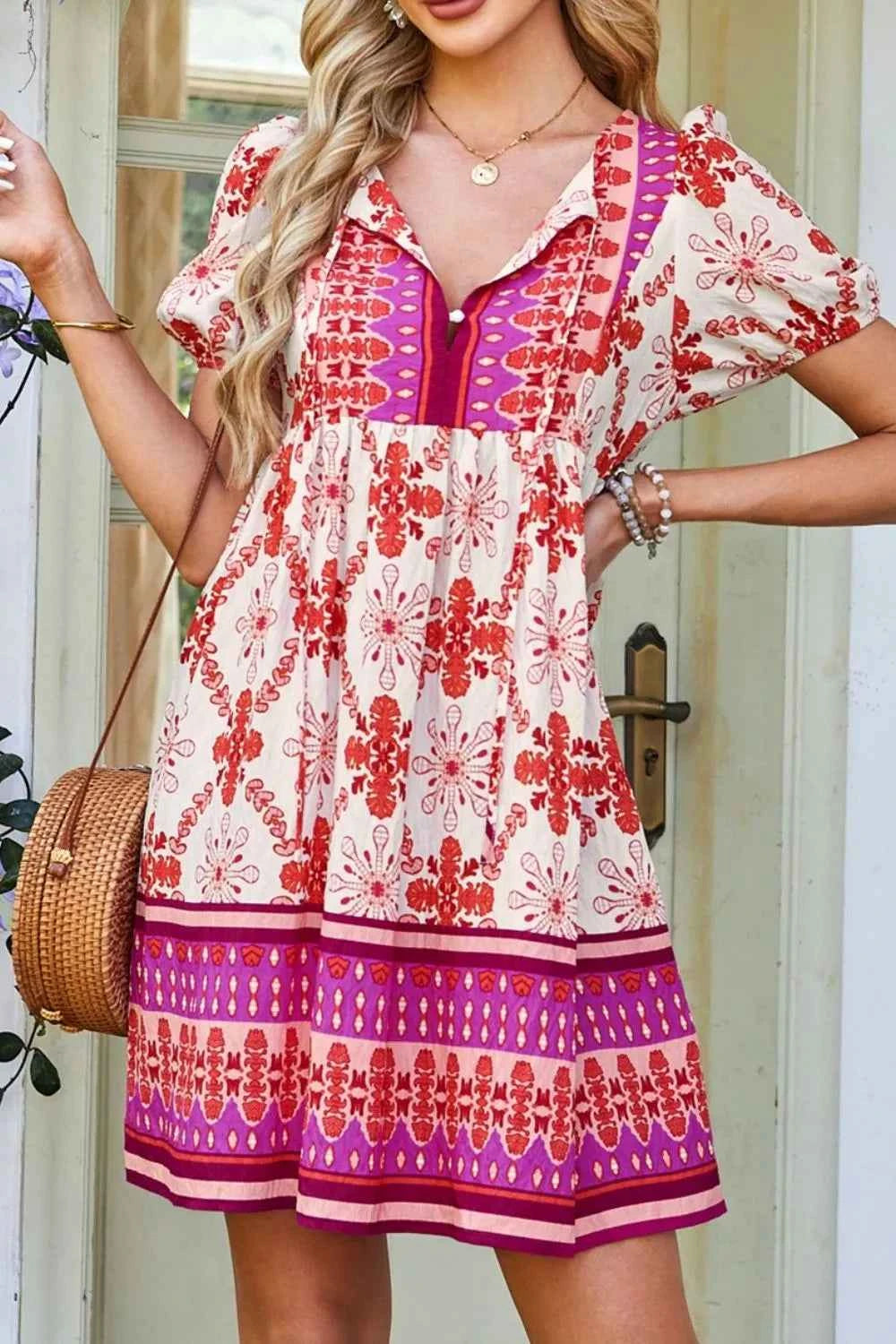 Boho Floral Short Sleeve Tie Neck Mini Dress