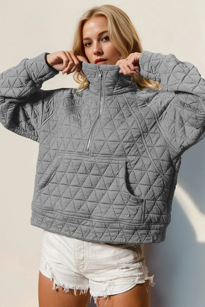 Double Take Half Zip Long Sleeve Quilted Sweatshirt with Pocket - SHOPHUES