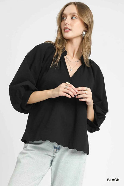 Umgee Full Size Textured Notched Balloon Sleeve Blouse Plus Size