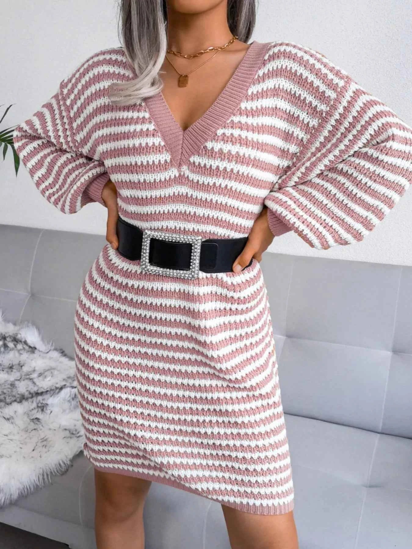 Striped V-Neck Long Sleeve Sweater Dress