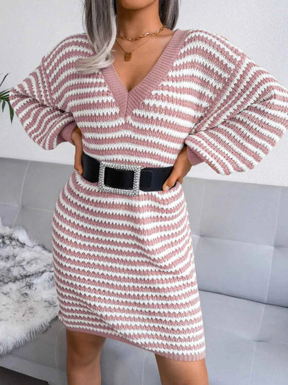 Striped V-Neck Long Sleeve Sweater Dress
