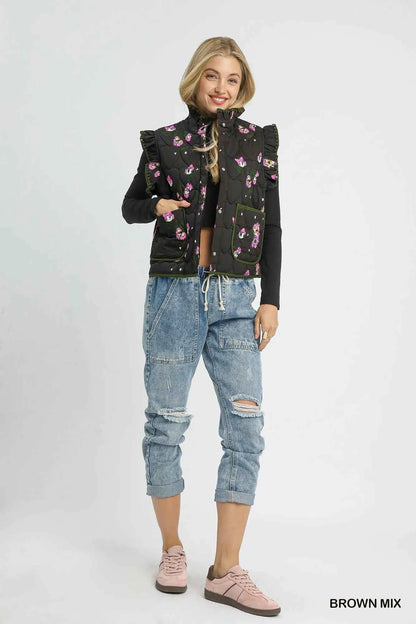 Umgee Ruffled Quilted Floral Snap Down Vest