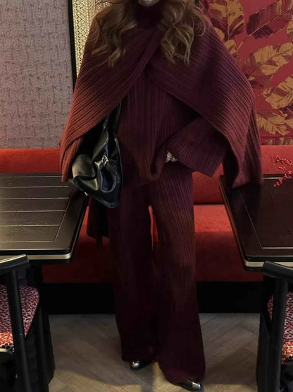 3-Piece Crew Neck Ribbed Sweater and Wide-Leg Pants Set with Scarf