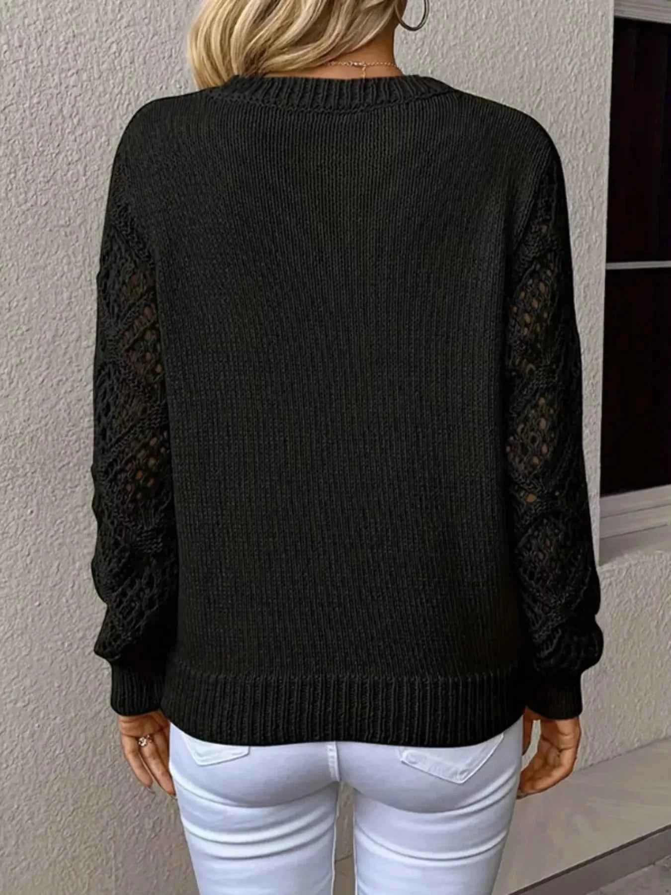 Openwork V-Neck Long Sleeve Sweater