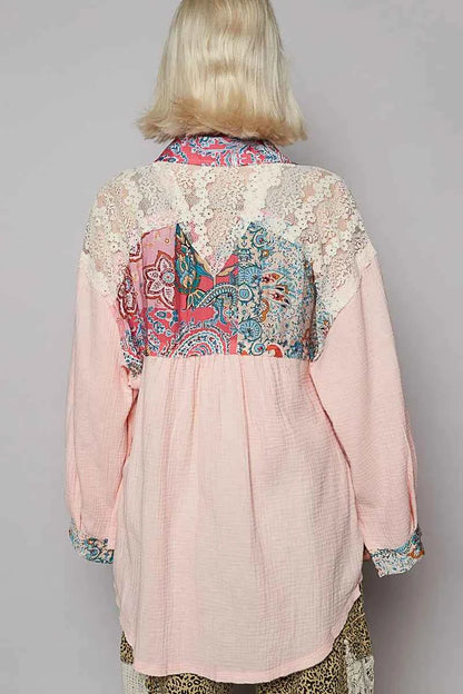 POL Lace Patchwork Floral Trim Long Sleeve Shirt