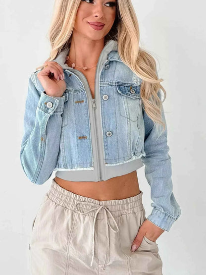 Distressed Zip Up Cropped Hooded Denim Jacket