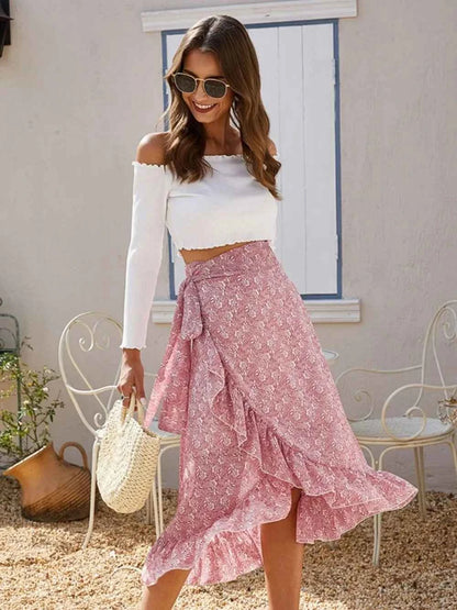Printed Ruffled Midi Skirt