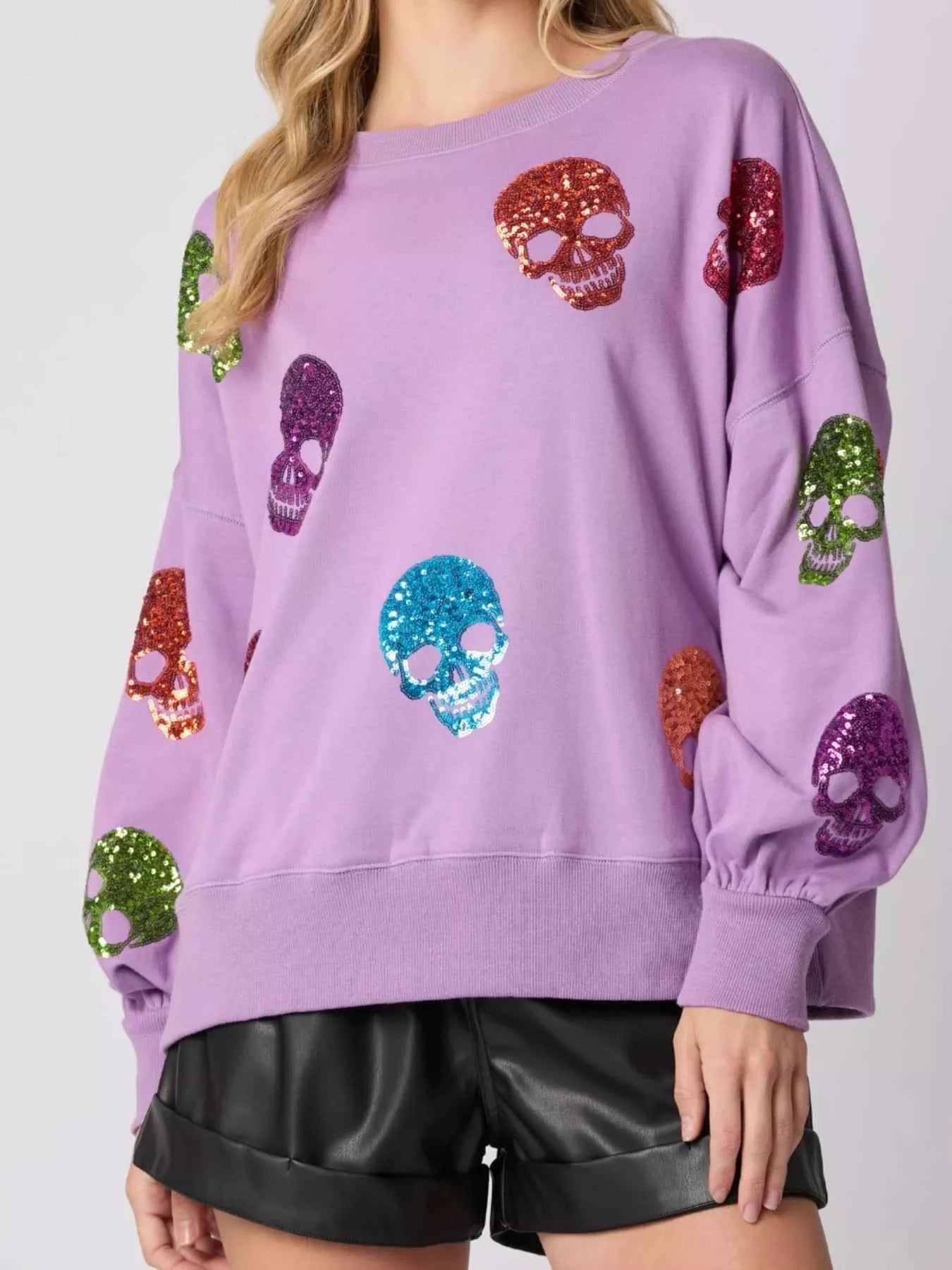 Halloween Colorful Skull Sequin Oversized Sweatshirt