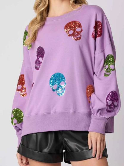 Halloween Colorful Skull Sequin Oversized Sweatshirt