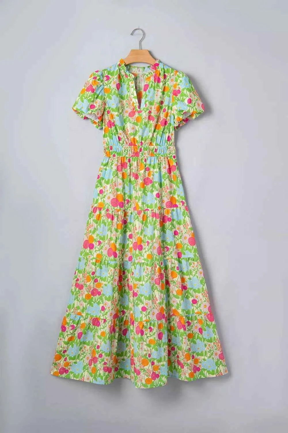 Floral Print V Neck Short Puff Sleeve Cotton Maxi Dress