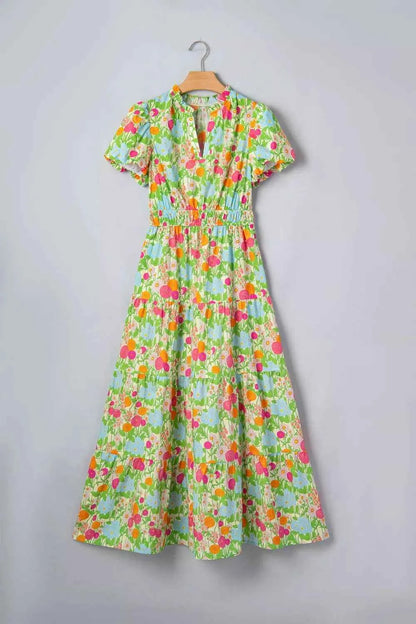 Floral Print V Neck Short Puff Sleeve Cotton Maxi Dress