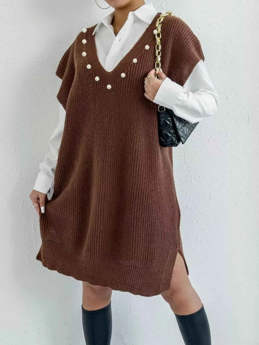Slit V-Neck Sweater Dress
