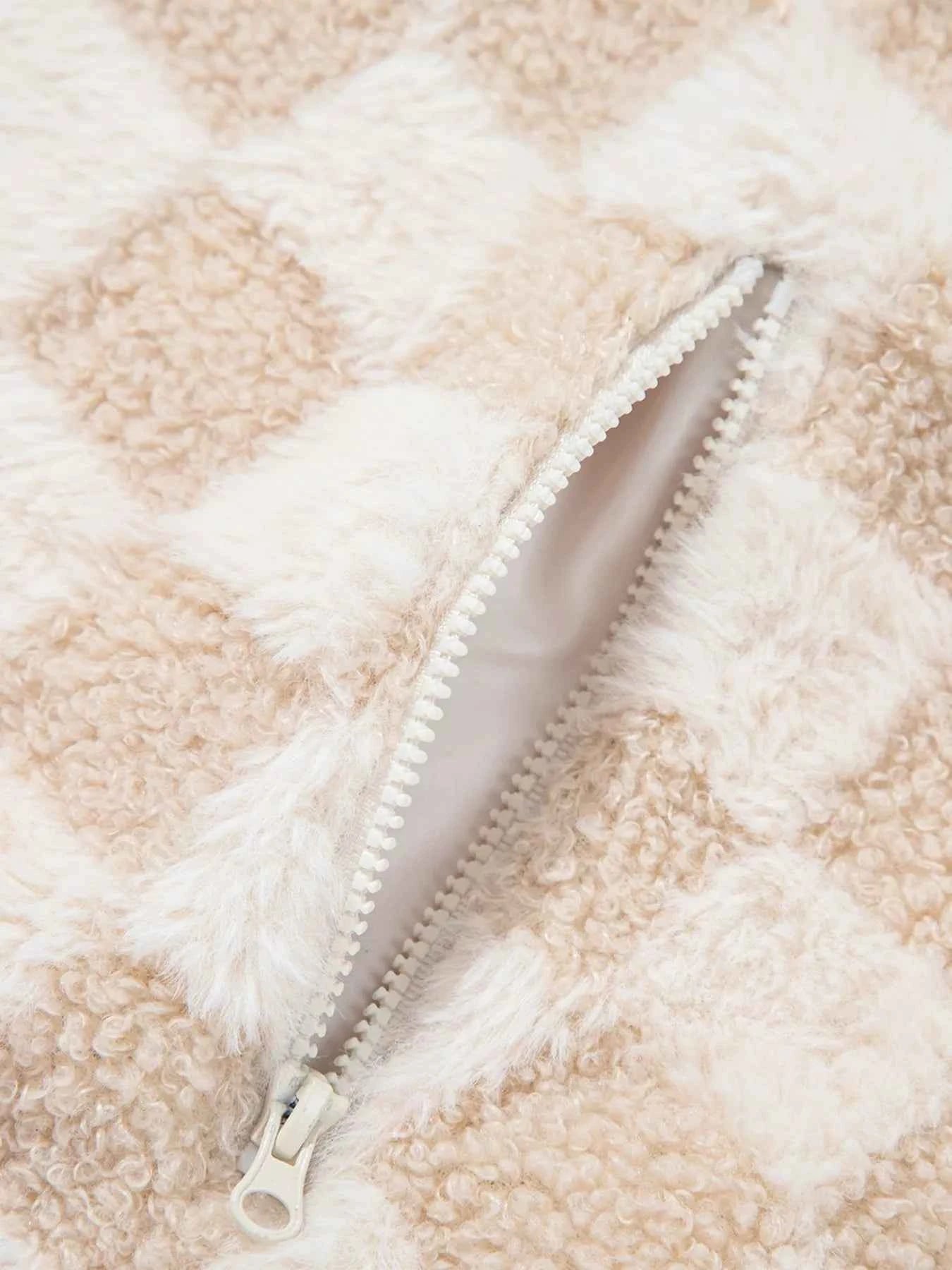 Checker Sherpa Corduroy Patchwork Zip Up Jacket