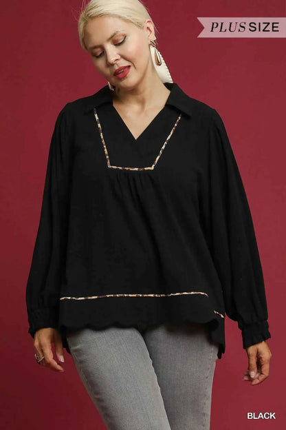 Umgee Full Size Linen Scallop Hem Blouse with Contrast Trim Plus Size