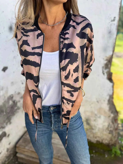 Full Size Zip Up Zebra Print Bomber Jacket Plus Size