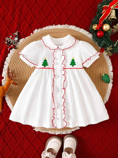 Children's Christmas Tree Embroidered Ruffle Trim Dress
