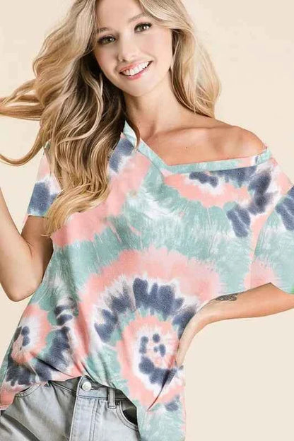 BiBi Tie Dye Print Terry V Neck Short Sleeve Top