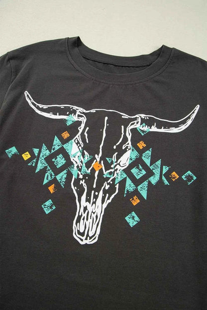 Bull Head Skull Round Neck Short Sleeve T Shirt