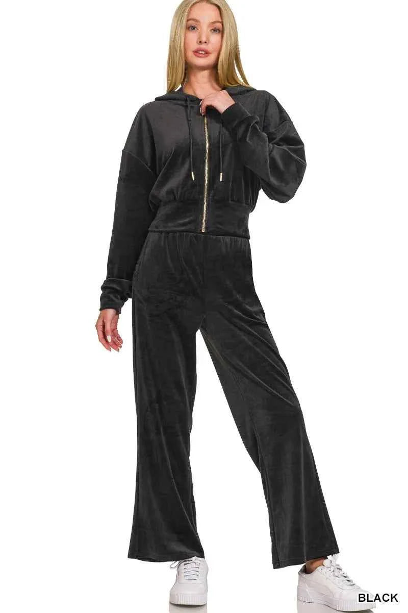 Zenana Velvet Zip Up Hoodie and Pants Set