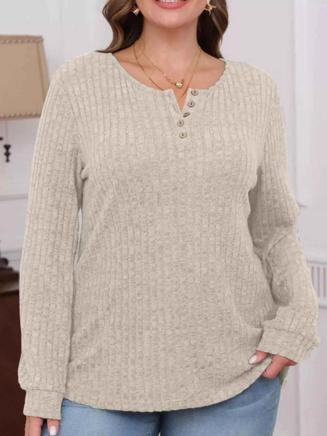 Ribbed Knit Button-Front Long Sleeve T-Shirt