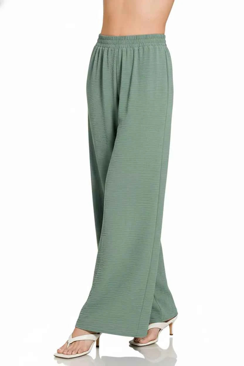 Zenana Woven Airflow Elastic Waistband Pants
