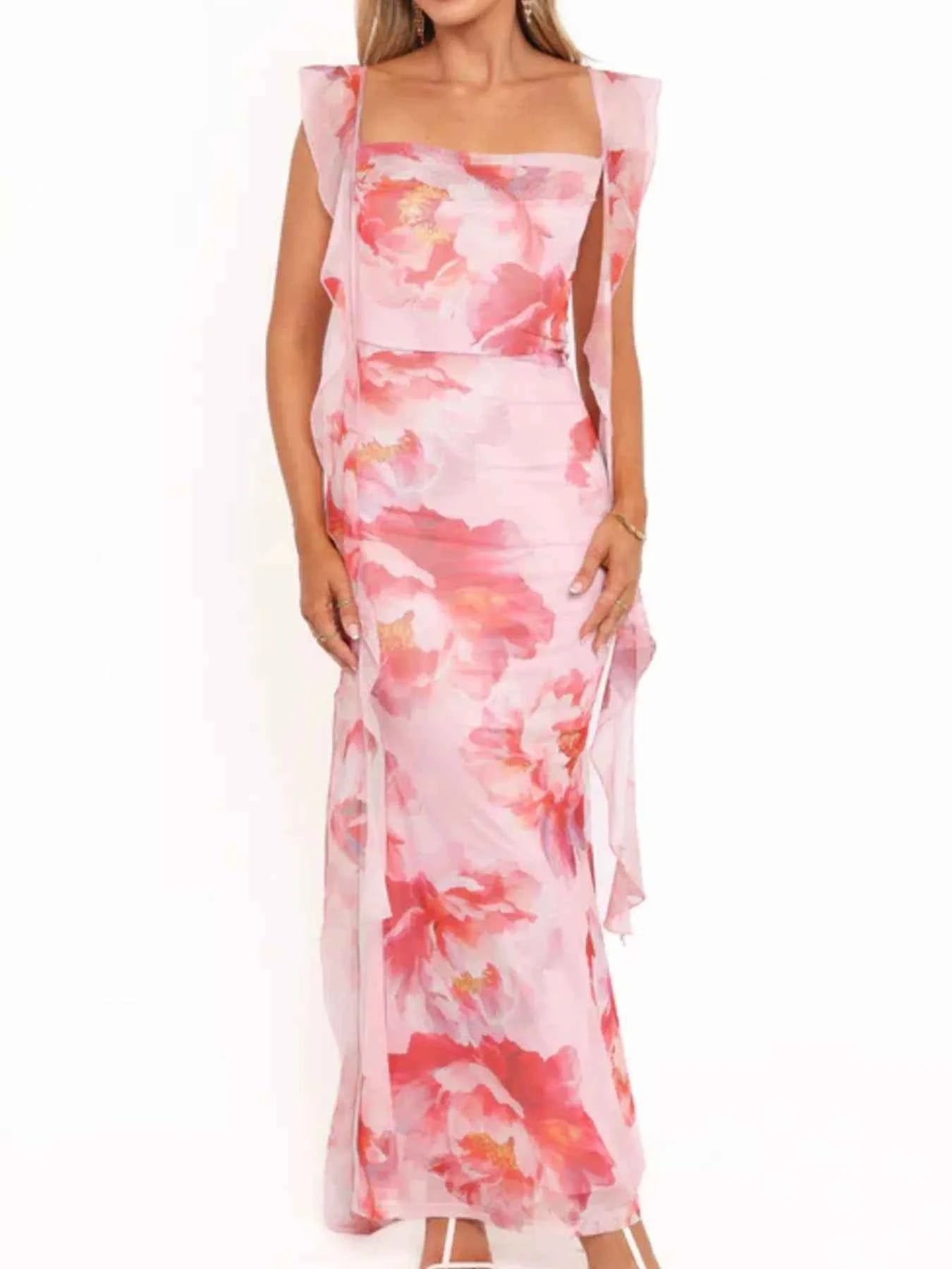 Floral Print Ruffle Trim Bodycon Maxi Dress