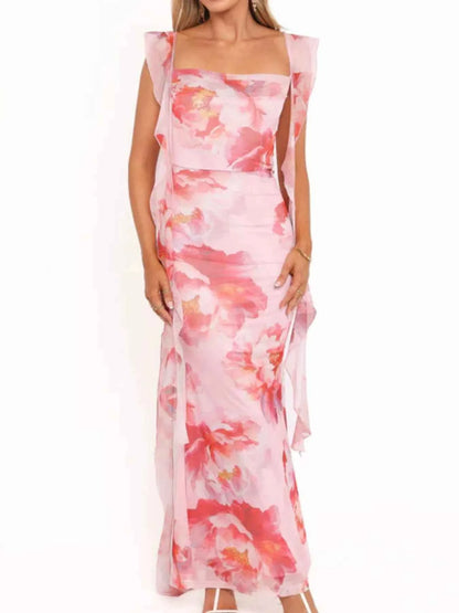 Floral Print Ruffle Trim Bodycon Maxi Dress