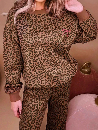 Leopard Print Contrast Trim Long Sleeve Top and Pants Set