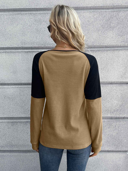 Ivy Lane Contrast Buttoned Round Neck Raglan Sleeve Top