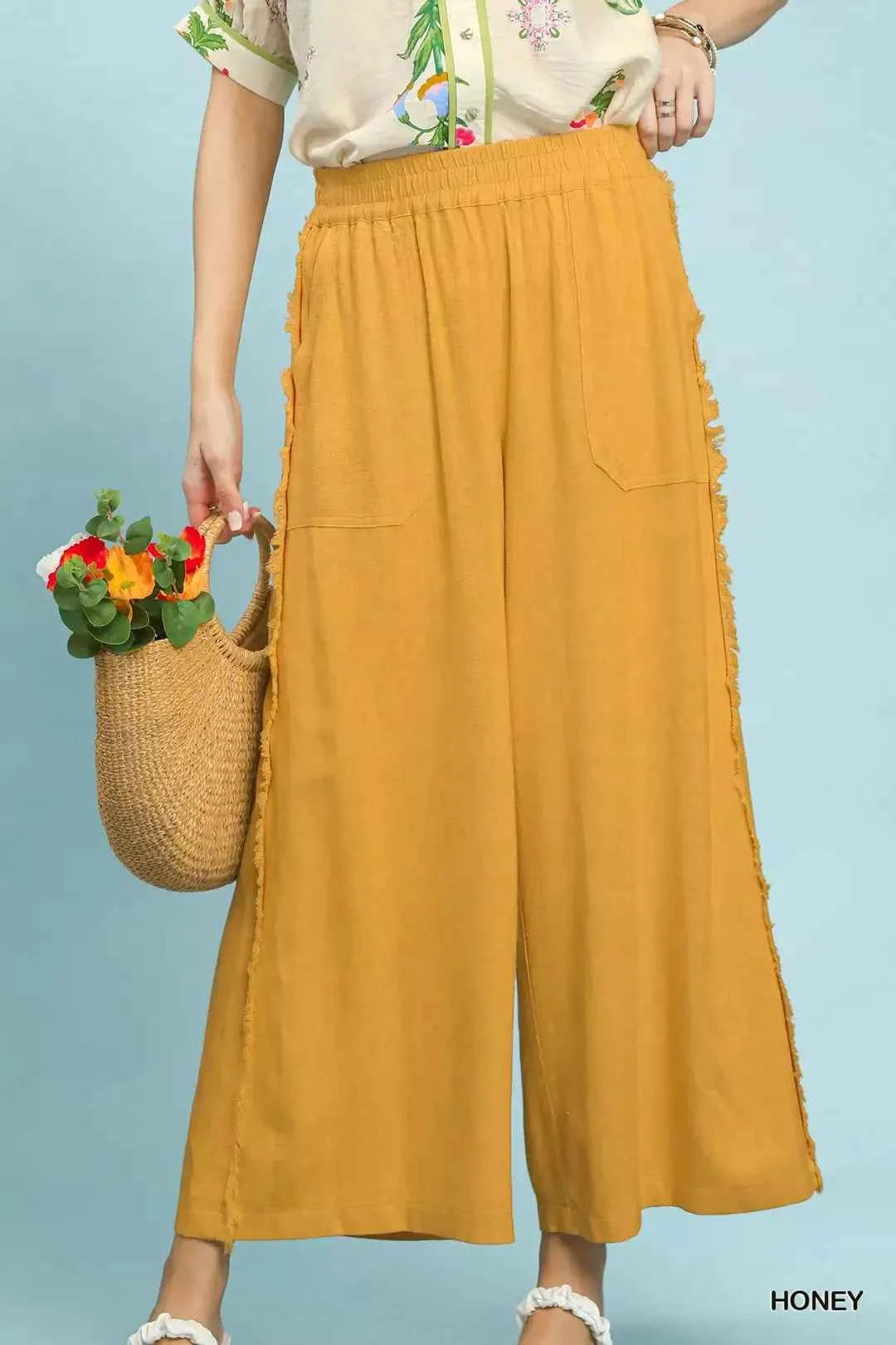 Umgee Linen Frayed Side Pocket Wide Leg Pants