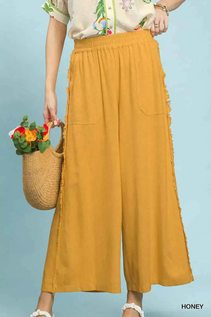 Umgee Linen Frayed Side Pocket Wide Leg Pants