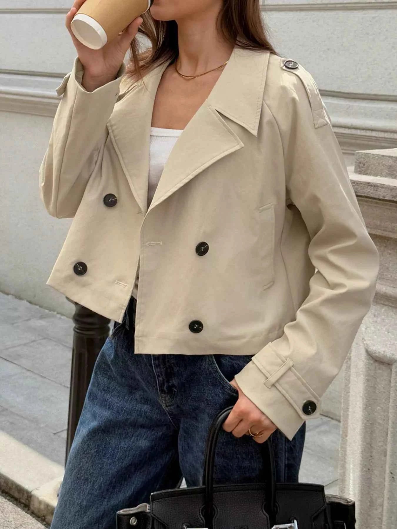 Cropped Double-Breasted Raglan Sleeve Jacket