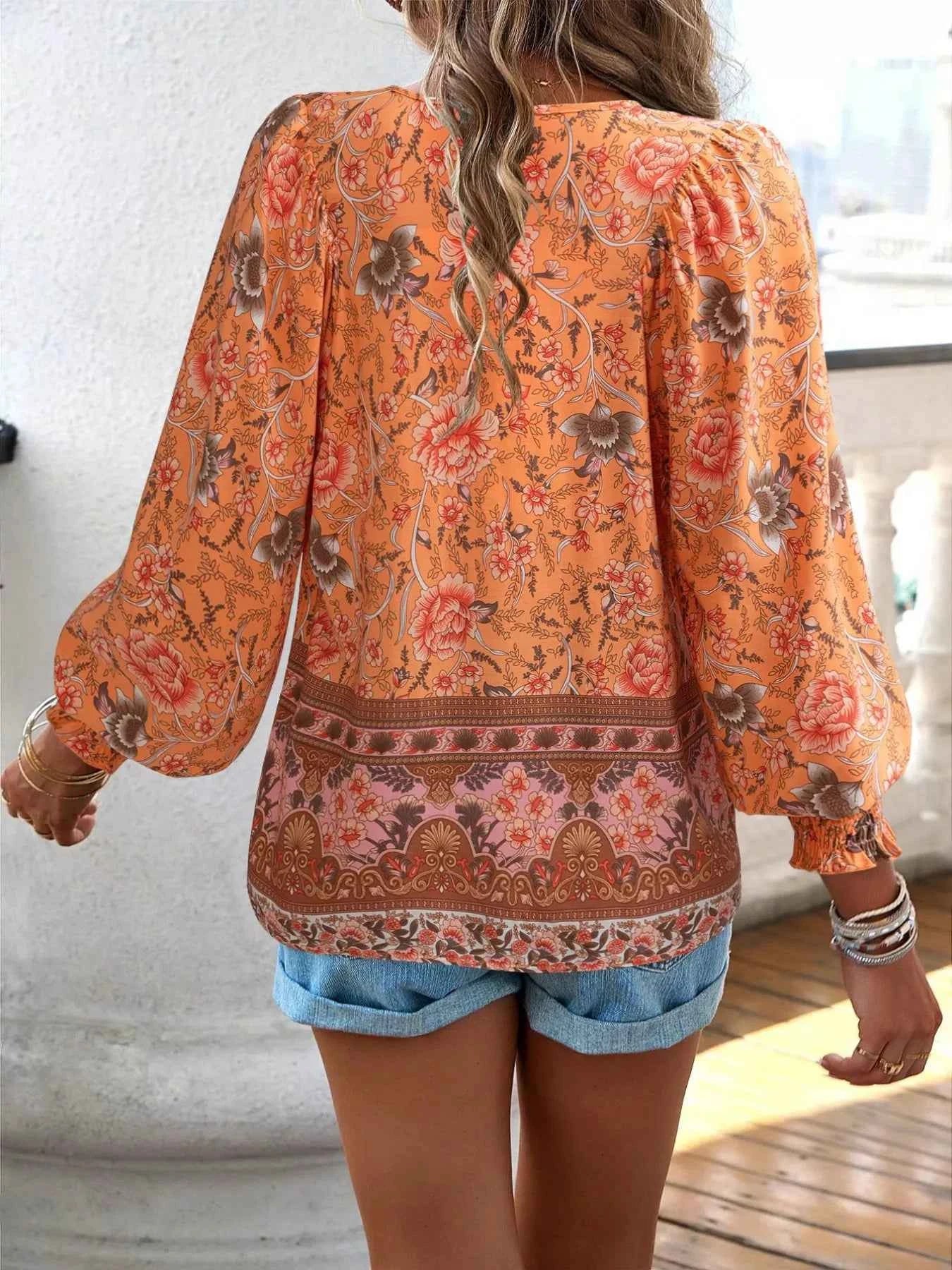 Floral Print Tie Neck Bohemian Blouse