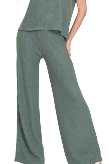 Zenana Rolled Sleeve Top and Pants Sweater Set