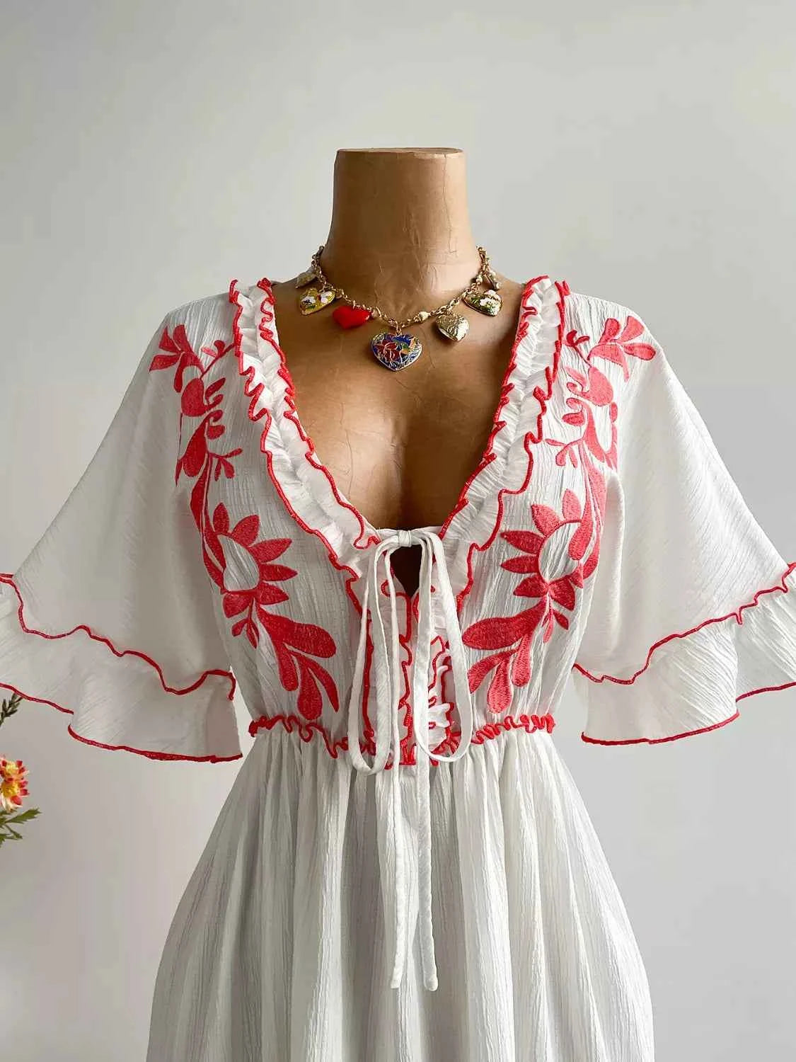 Plus Size Front Tie Maxi Dress with Floral Embroidered