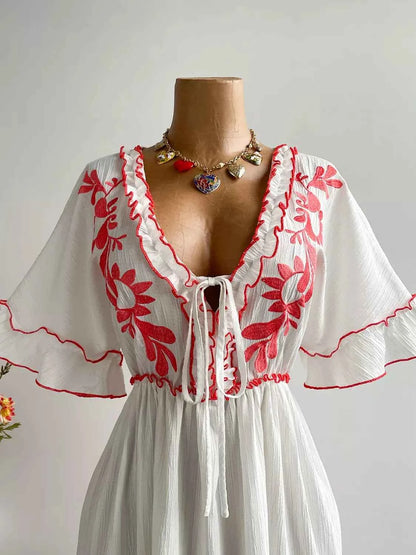 Plus Size Front Tie Maxi Dress with Floral Embroidered