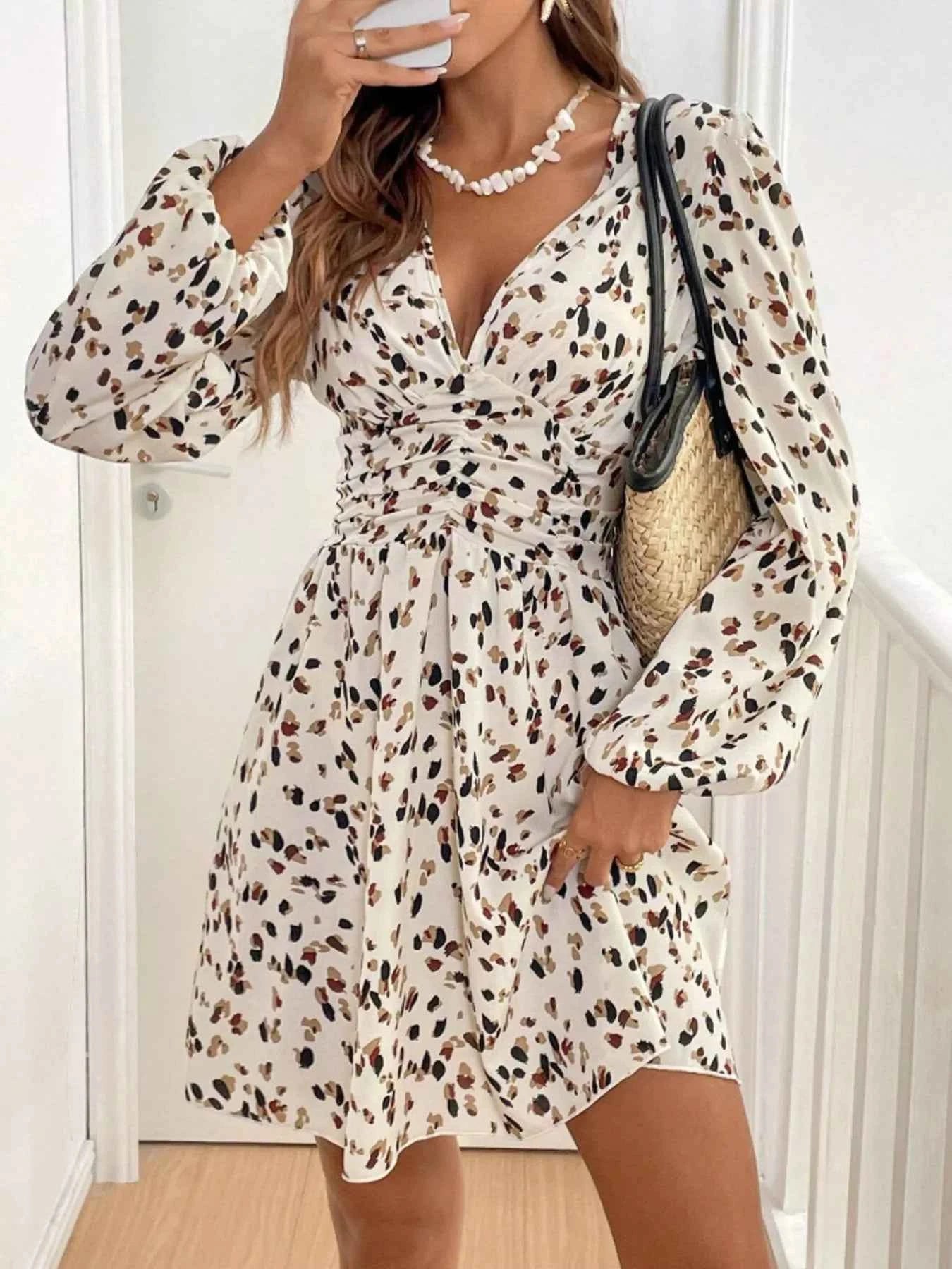 Printed Balloon Sleeve Mini Dress